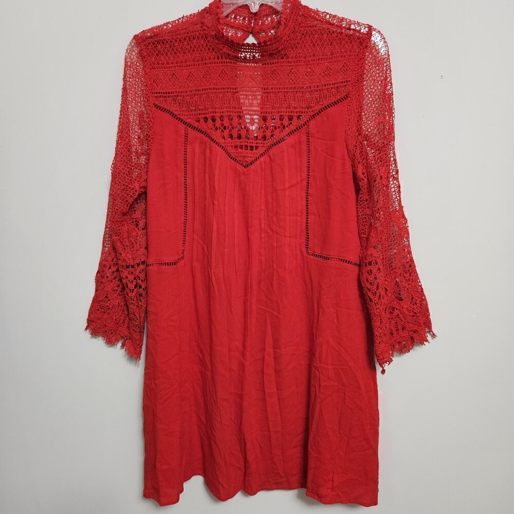 En Creme Mini BOHO Red Dress w/ Cotton Lace Bodice & Sleeves Lined Pocket Size M